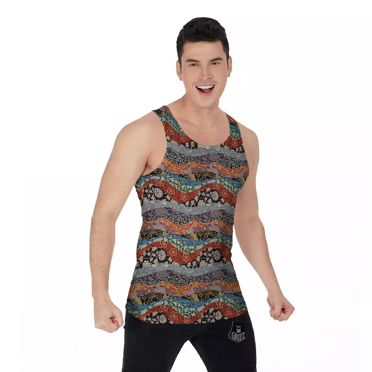 Wave Japanese Patchwork Print Pattern Men's Tank Top-grizzshop