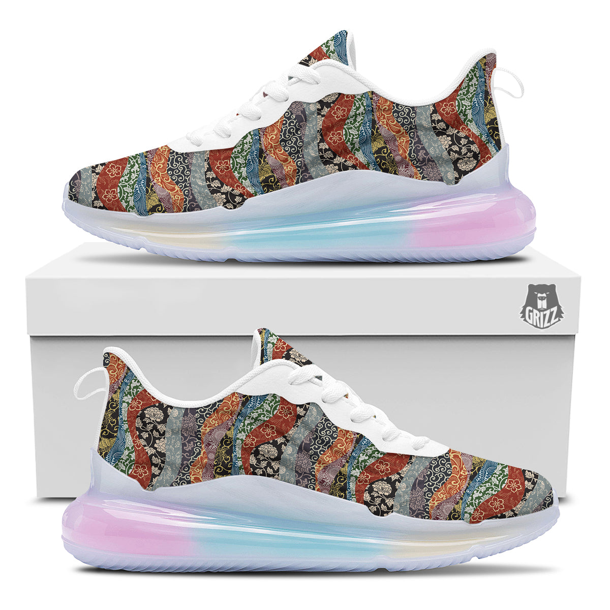Wave Japanese Patchwork Print Pattern Running Sneakers-grizzshop