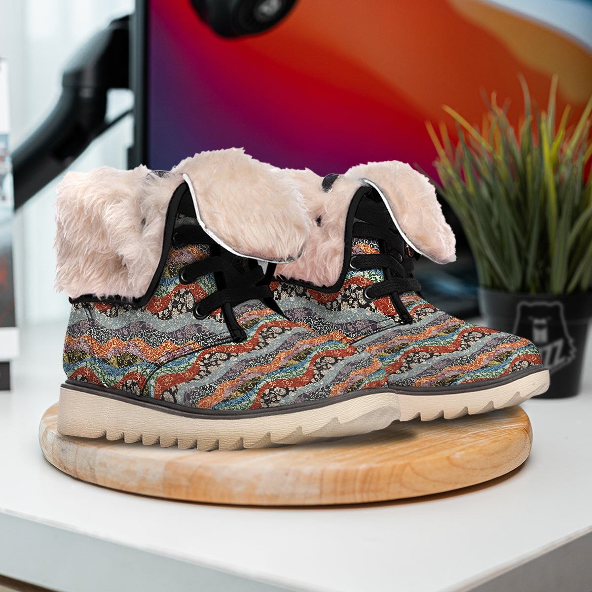 Wave Japanese Patchwork Print Pattern Snow Boots-grizzshop