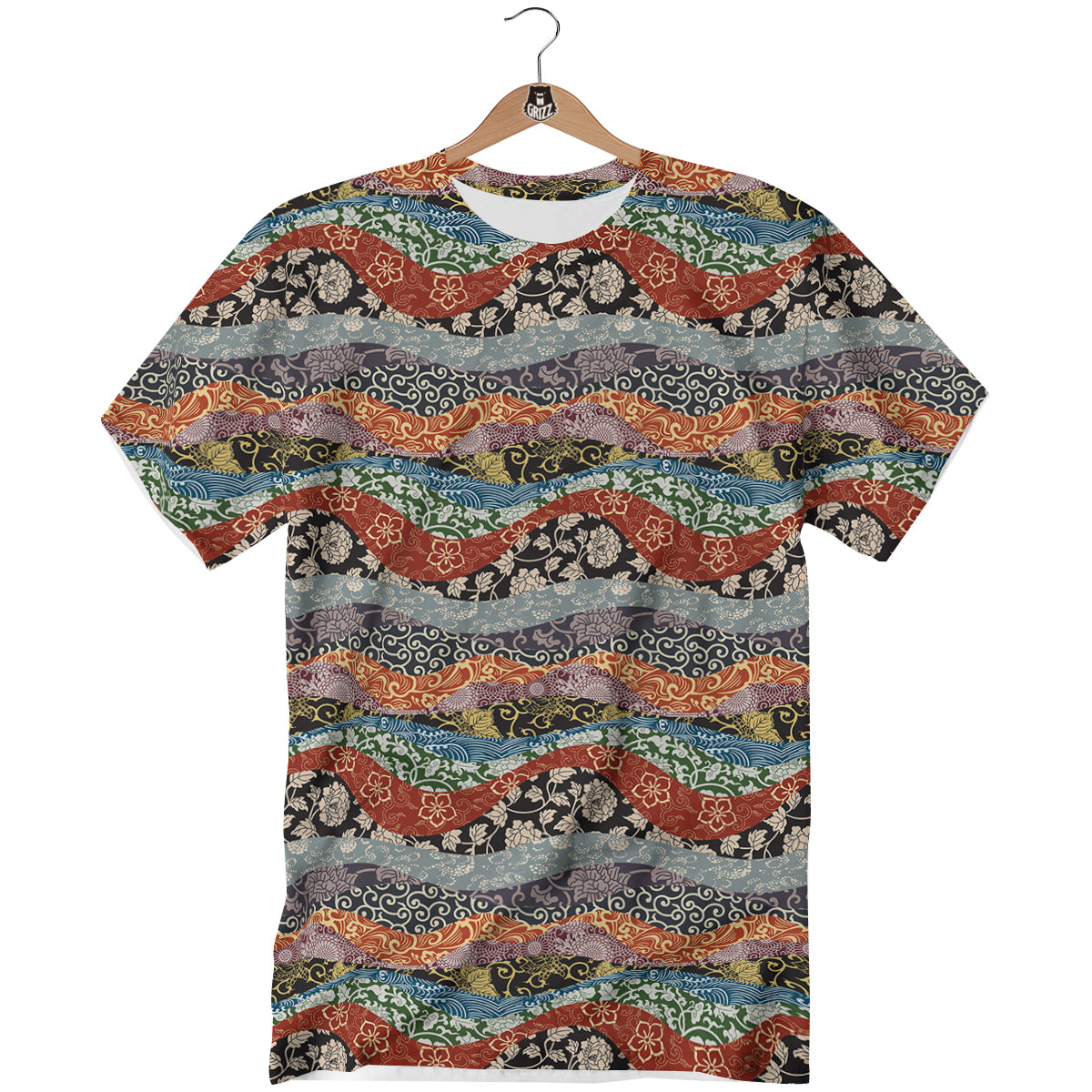 Wave Japanese Patchwork Print Pattern T-Shirt-grizzshop