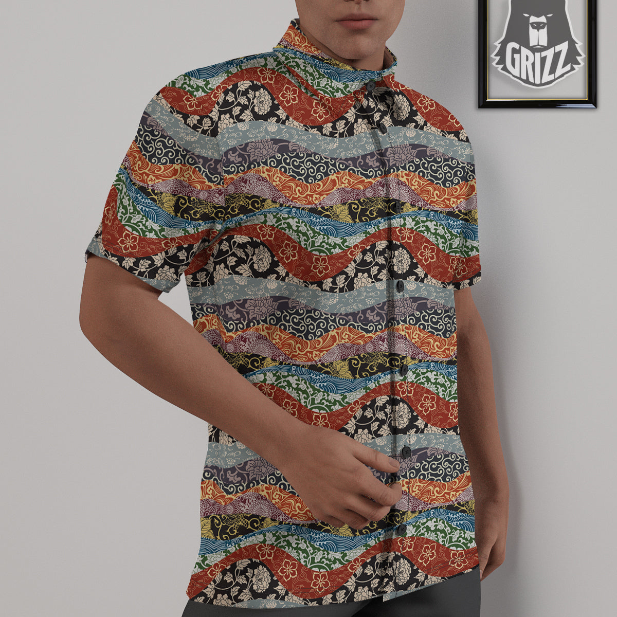 Wave Japanese Patchwork Print Pattern Untucked Shirts-grizzshop