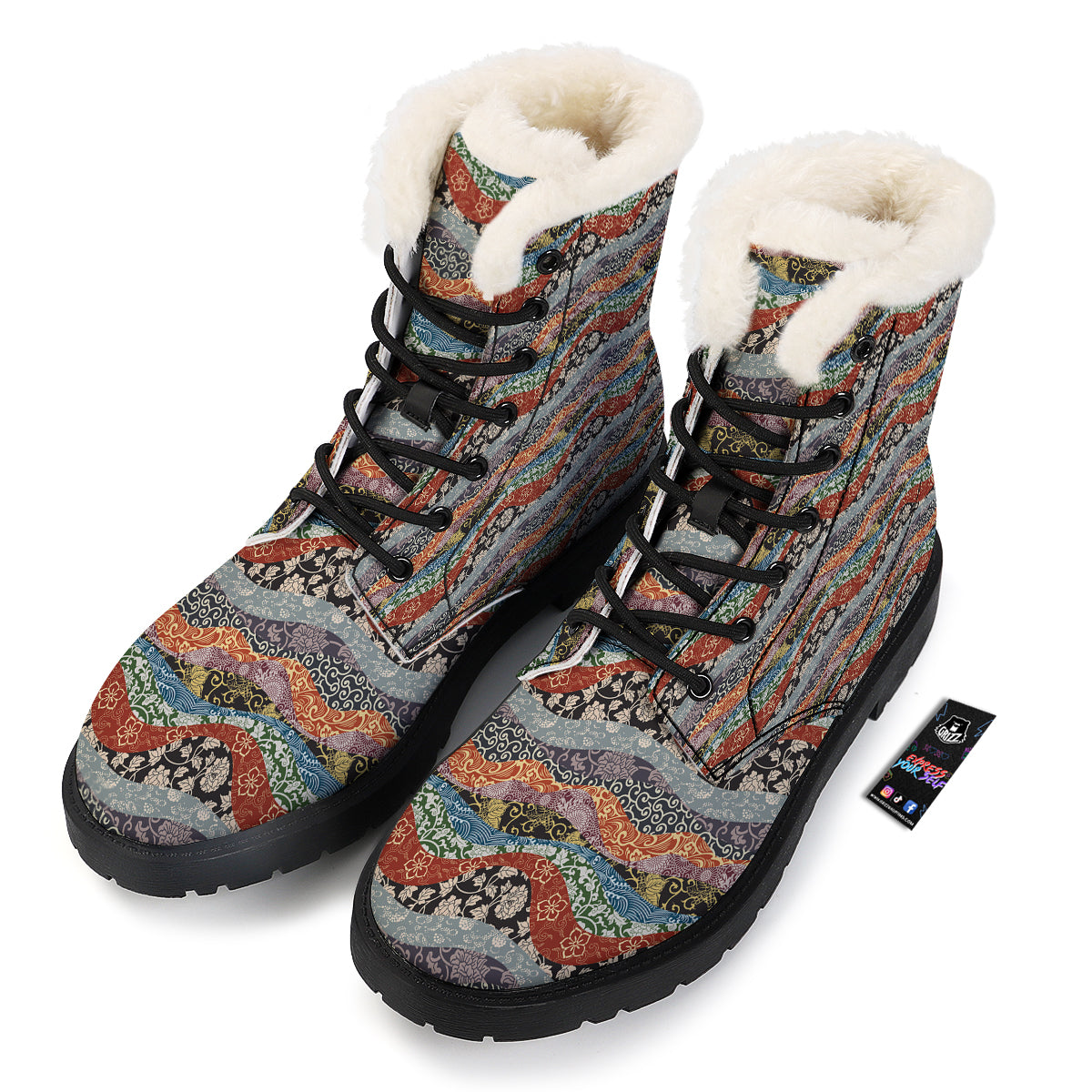 Wave Japanese Patchwork Print Pattern Winter Boots-grizzshop