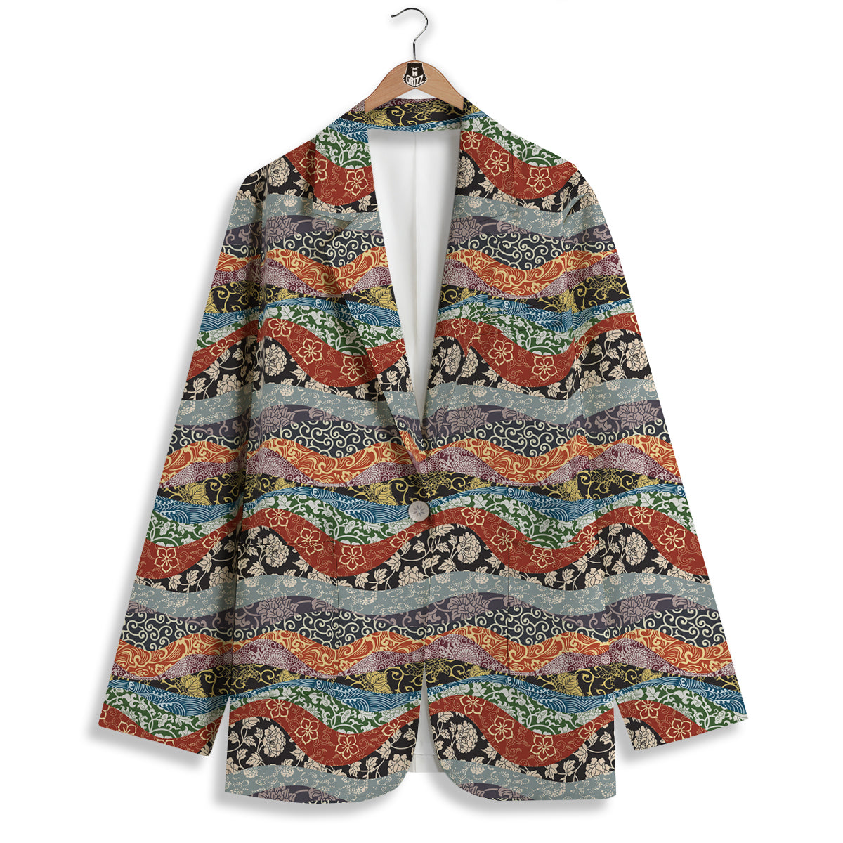 Wave Japanese Patchwork Print Pattern Women's Blazer-grizzshop