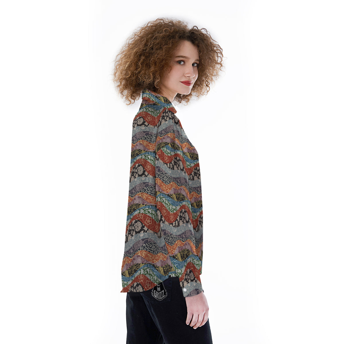 Wave Japanese Patchwork Print Pattern Women's Long Sleeve Shirts-grizzshop