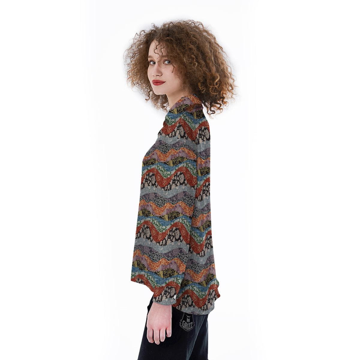 Wave Japanese Patchwork Print Pattern Women's Long Sleeve Shirts-grizzshop
