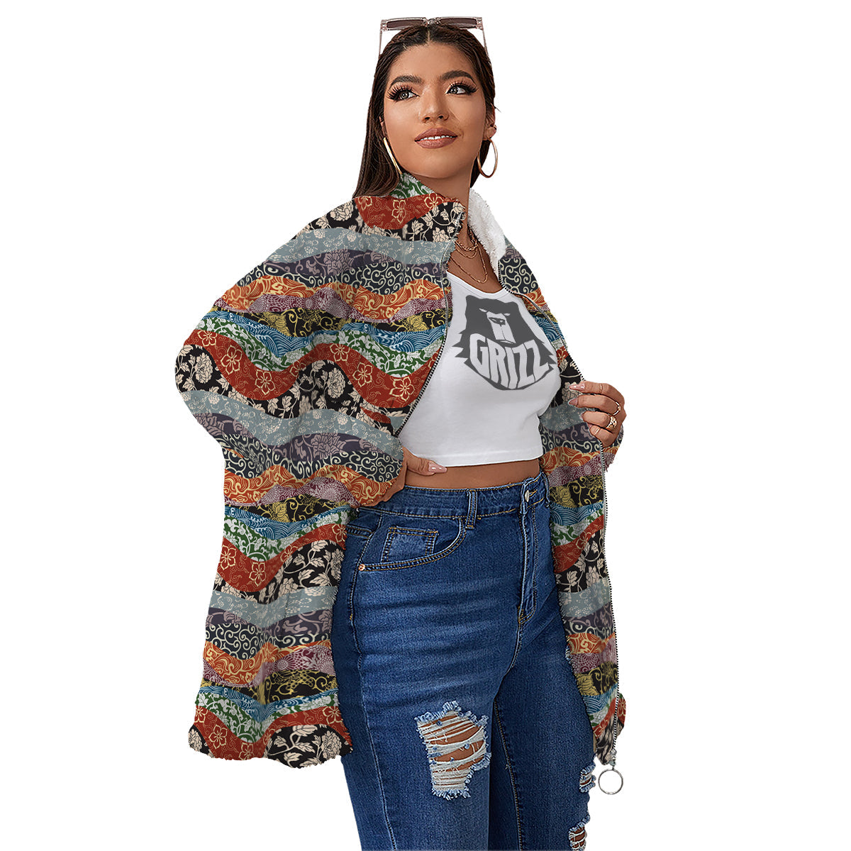 Wave Japanese Patchwork Print Pattern Women's Sherpa Jacket-grizzshop
