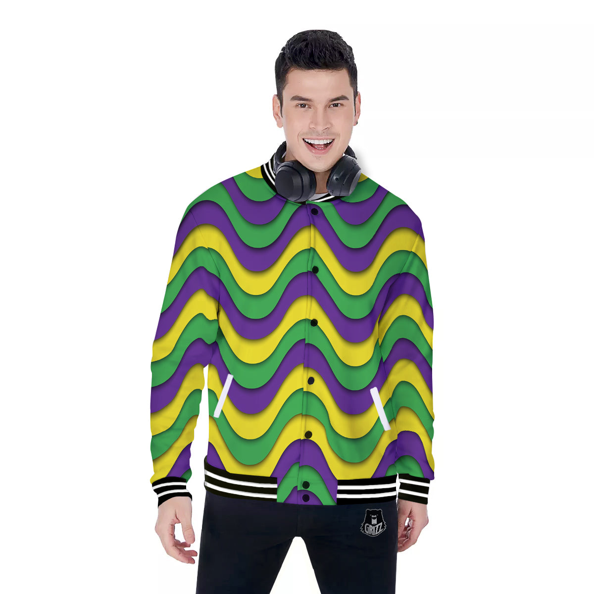 Wave Mardi Gras Print Pattern Baseball Jacket-grizzshop