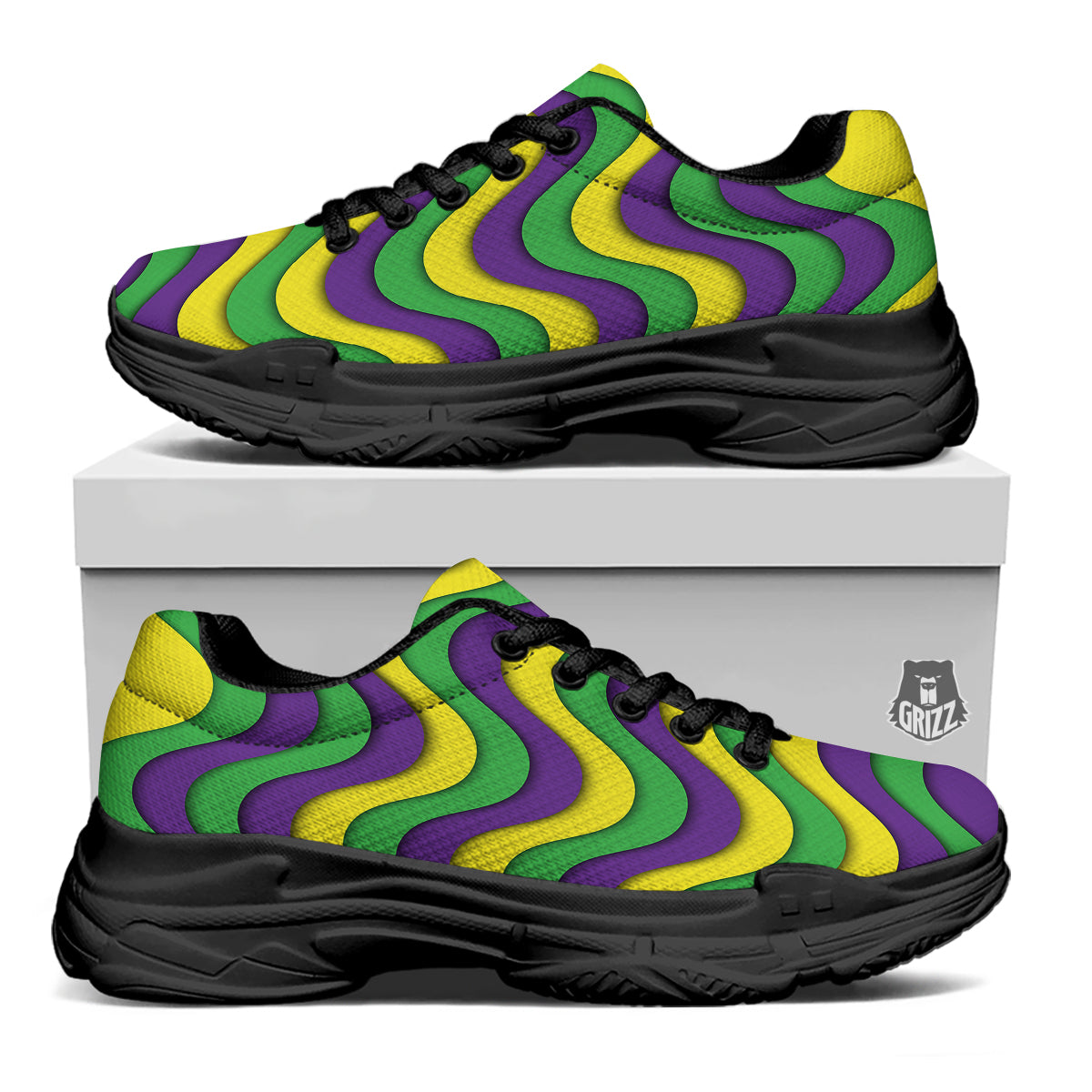 Wave Mardi Gras Print Pattern Black Chunky Shoes-grizzshop