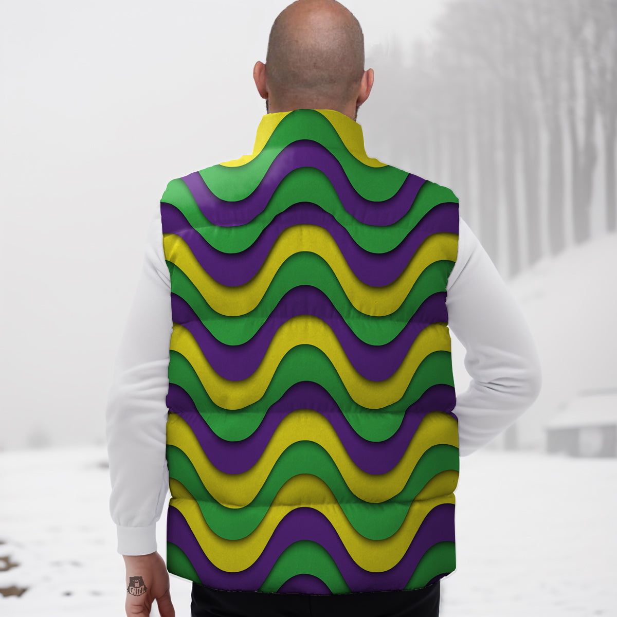 Wave Mardi Gras Print Pattern Down Vest