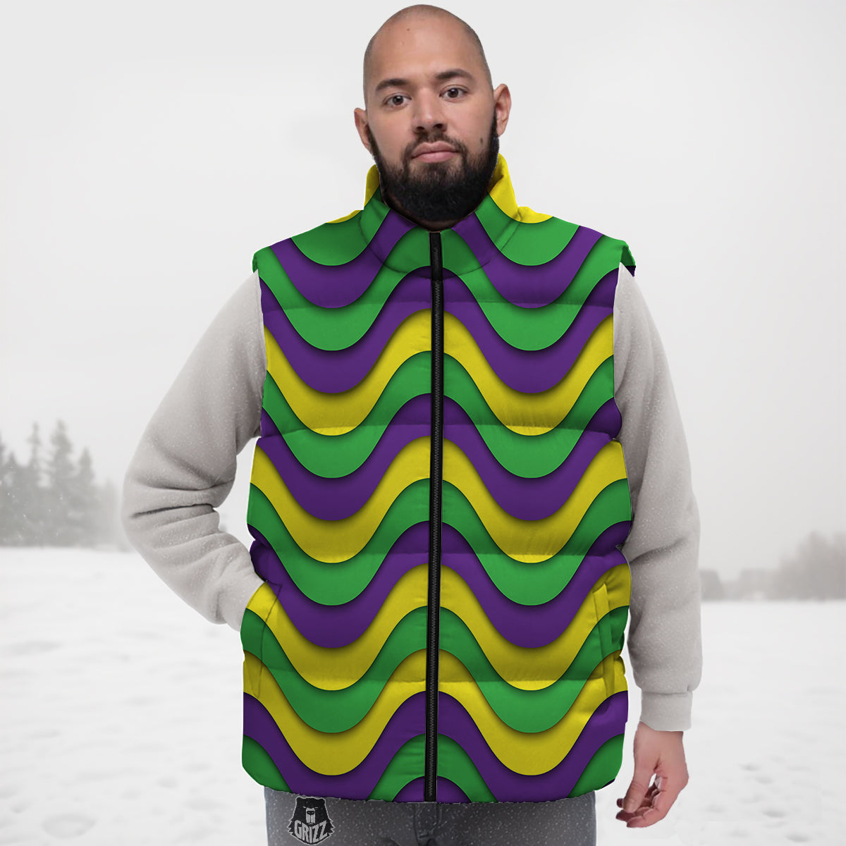 Wave Mardi Gras Print Pattern Down Vest