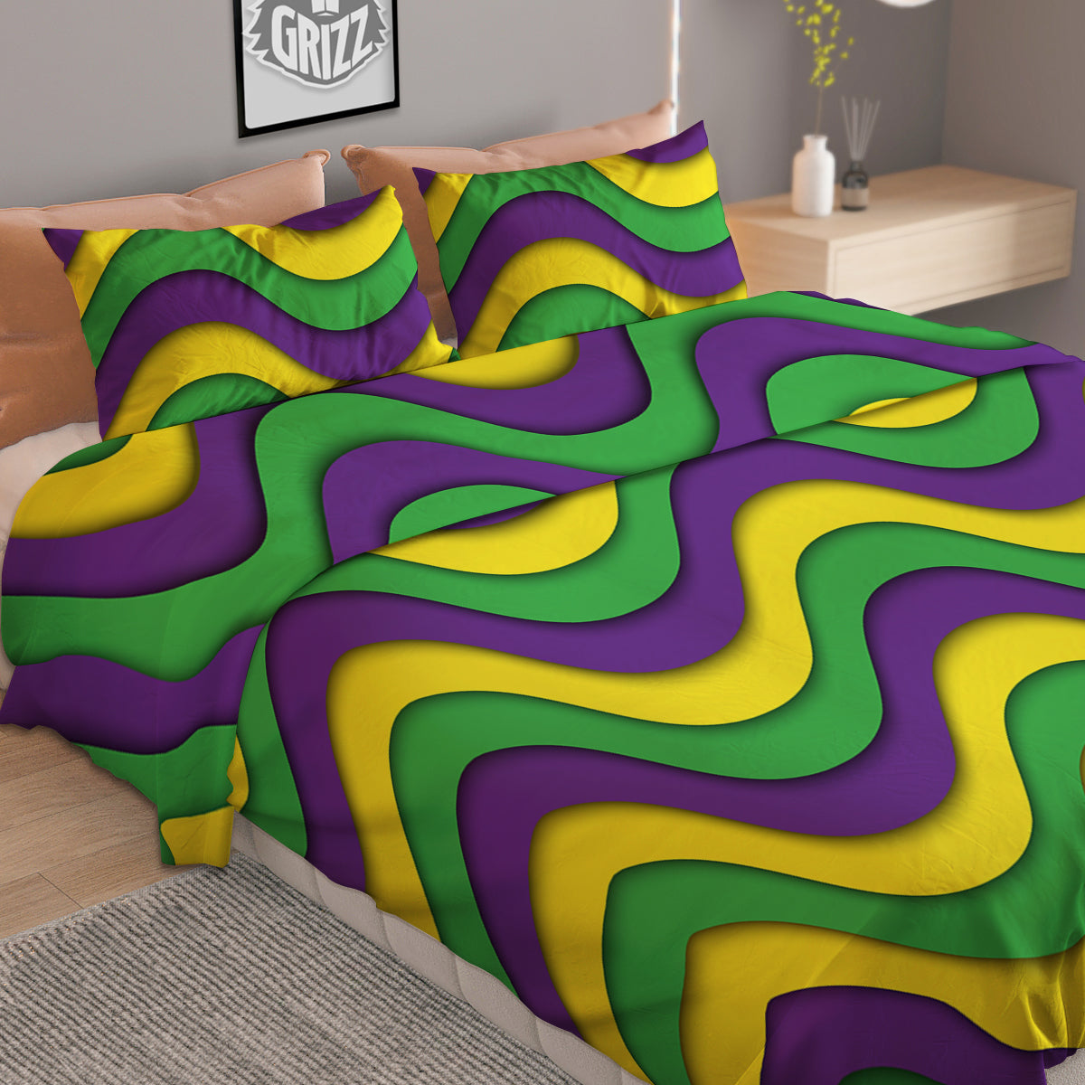 Wave Mardi Gras Print Pattern Duvet Cover Bedding Set