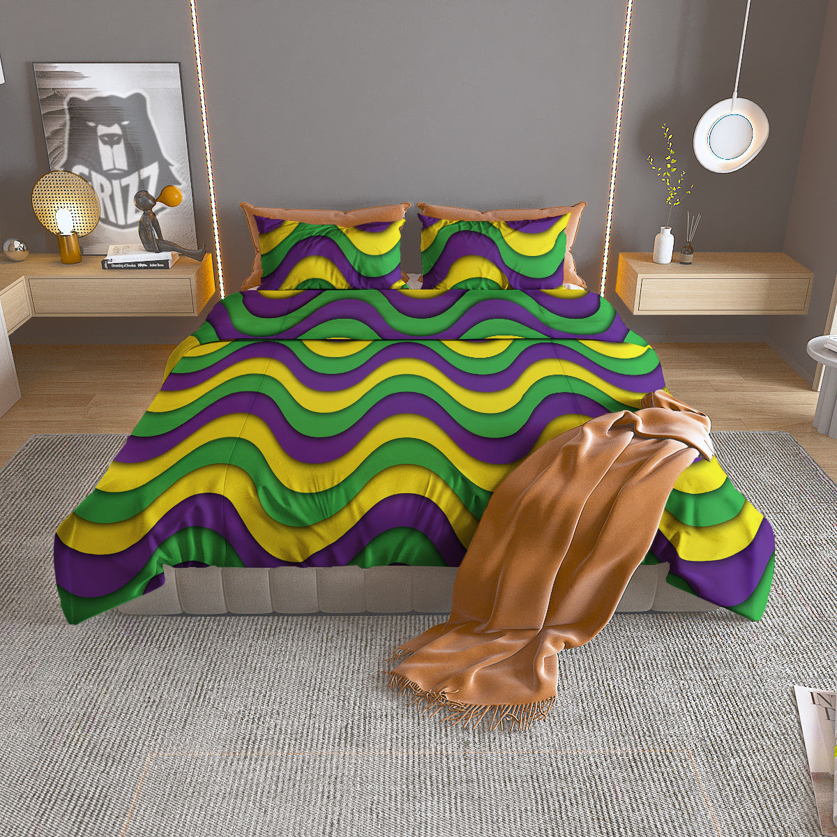 Wave Mardi Gras Print Pattern Duvet Cover Bedding Set