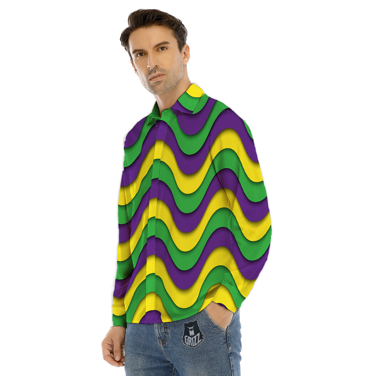 Wave Mardi Gras Print Pattern Men's Dress Shirts-grizzshop