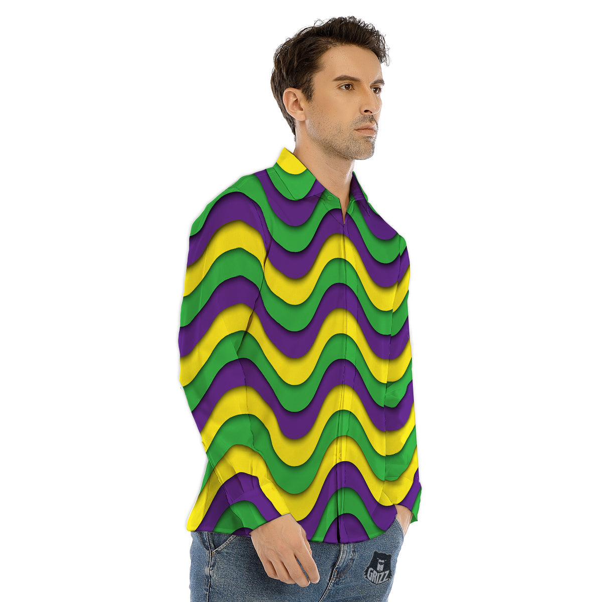 Wave Mardi Gras Print Pattern Men's Dress Shirts-grizzshop