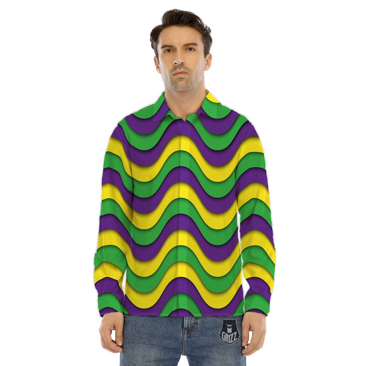 Wave Mardi Gras Print Pattern Men's Dress Shirts-grizzshop
