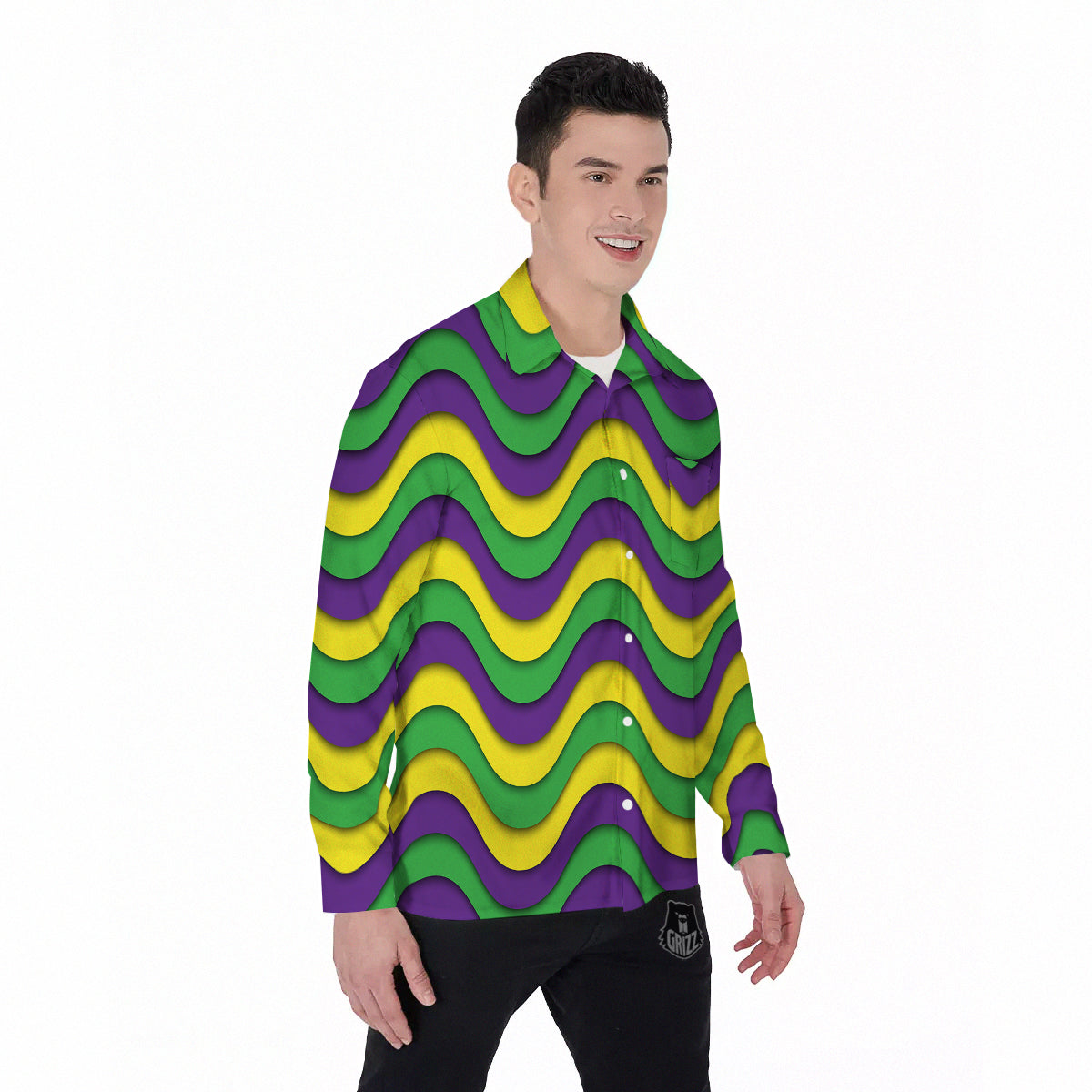 Wave Mardi Gras Print Pattern Men's Long Sleeve Shirts-grizzshop
