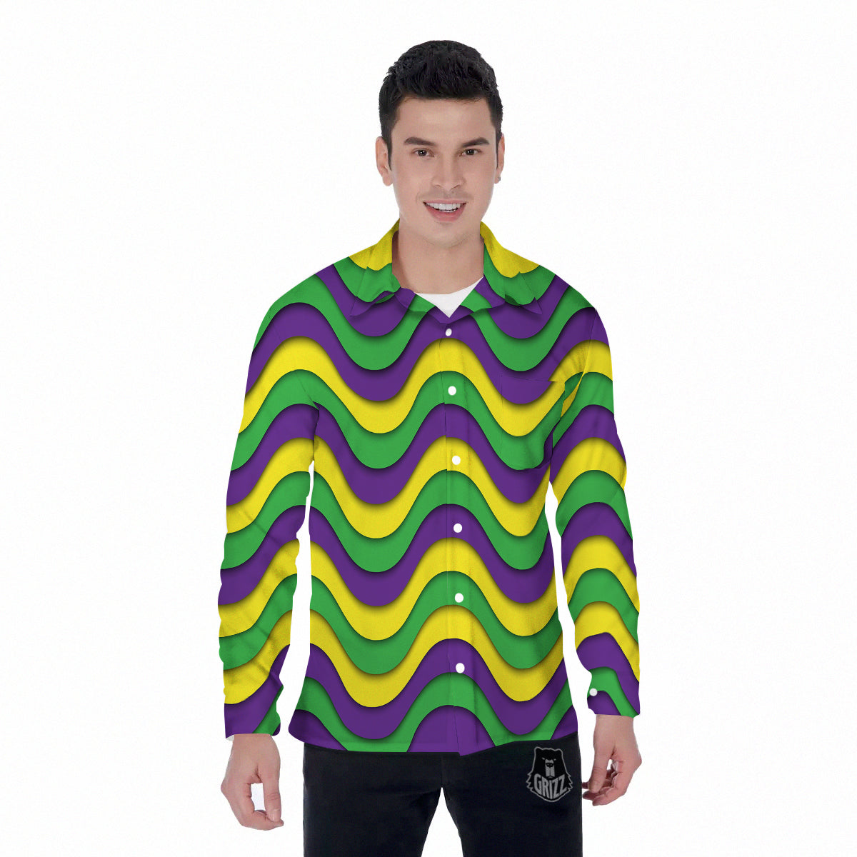 Wave Mardi Gras Print Pattern Men's Long Sleeve Shirts-grizzshop
