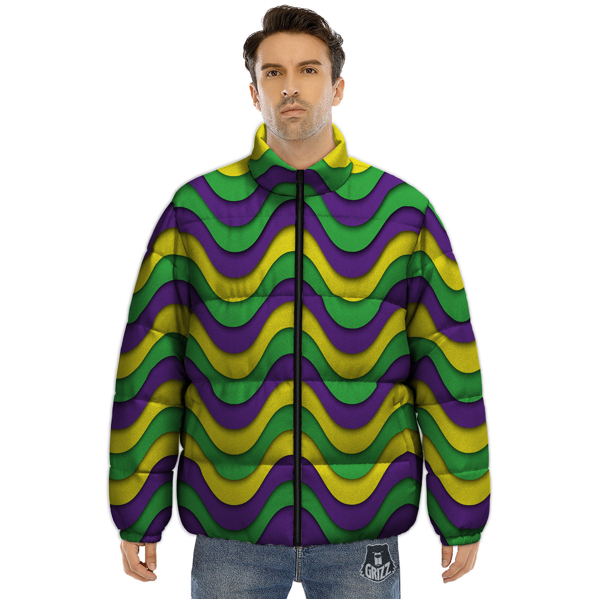 Wave Mardi Gras Print Pattern Puffer Jacket-grizzshop
