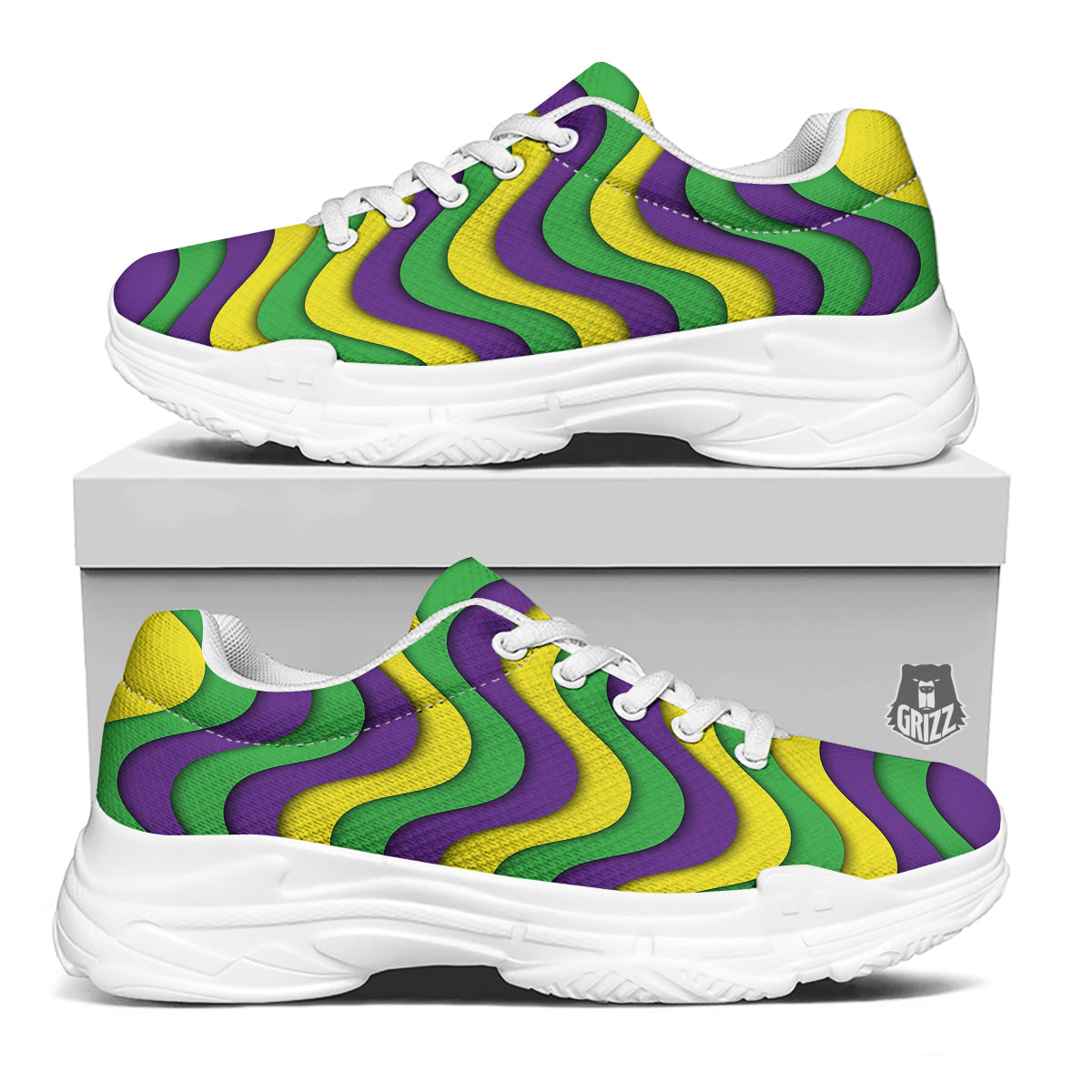Wave Mardi Gras Print Pattern White Chunky Shoes-grizzshop