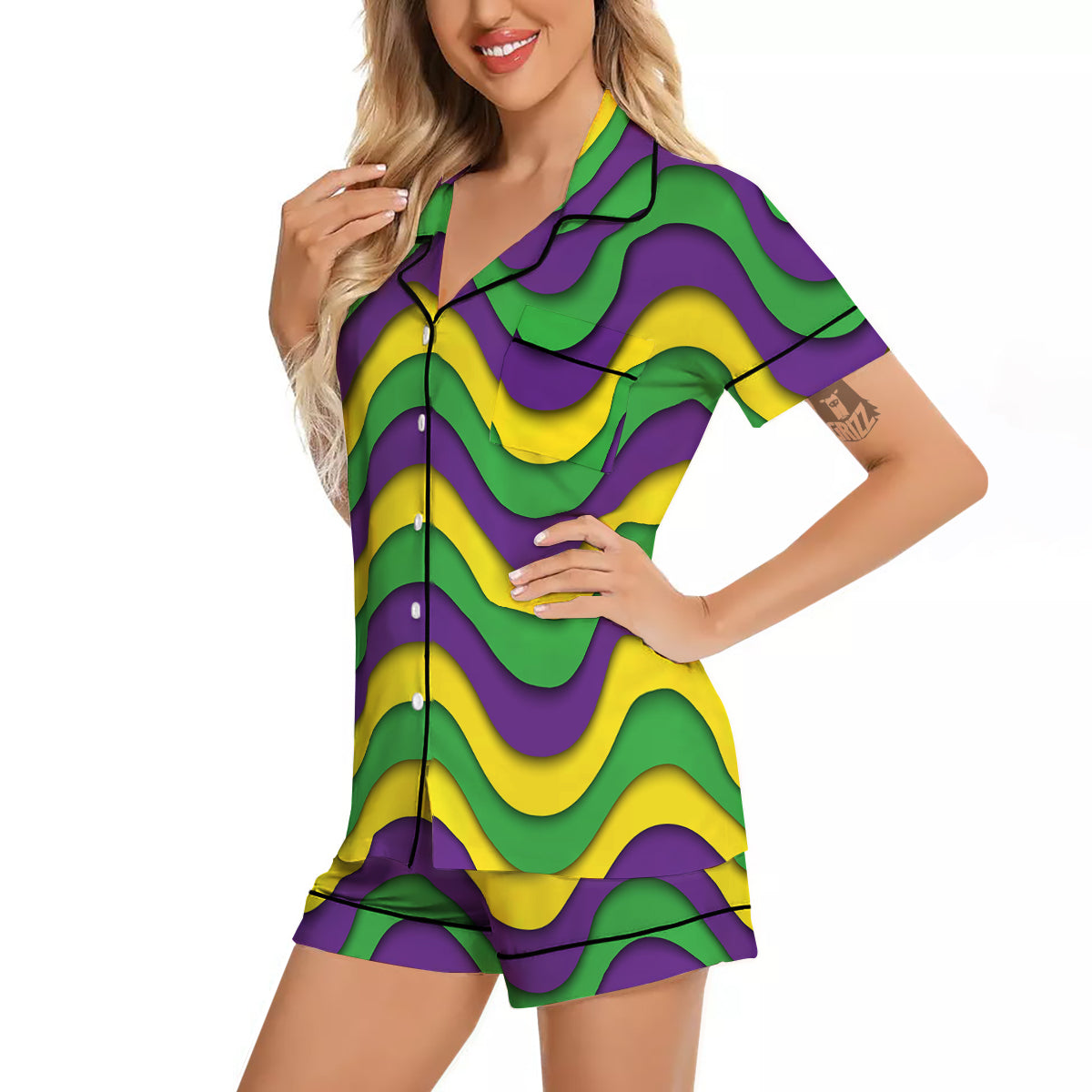 Wave Mardi Gras Print Pattern Women Silk Pajamas-grizzshop