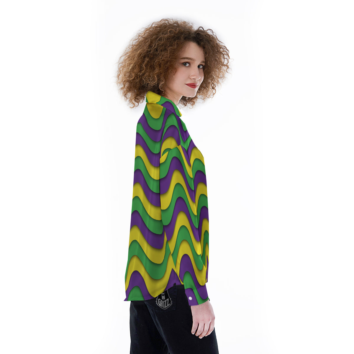 Wave Mardi Gras Print Pattern Women's Long Sleeve Shirts-grizzshop