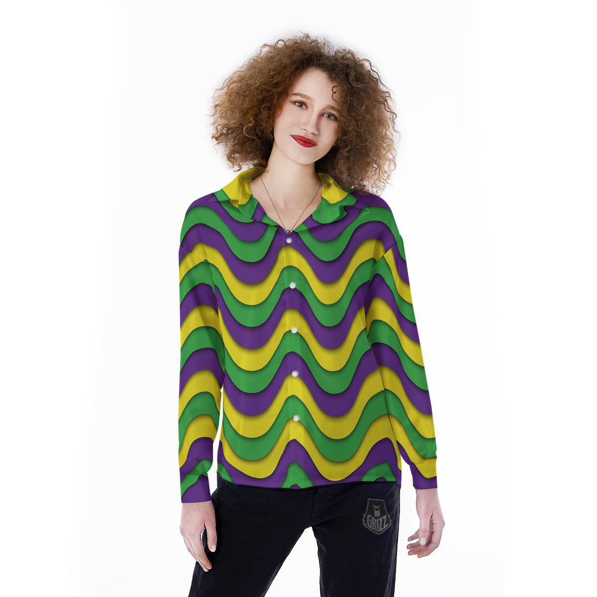 Wave Mardi Gras Print Pattern Women's Long Sleeve Shirts-grizzshop