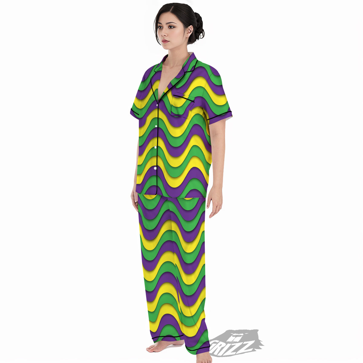 Wave Mardi Gras Print Pattern Women's Pajamas Set-grizzshop
