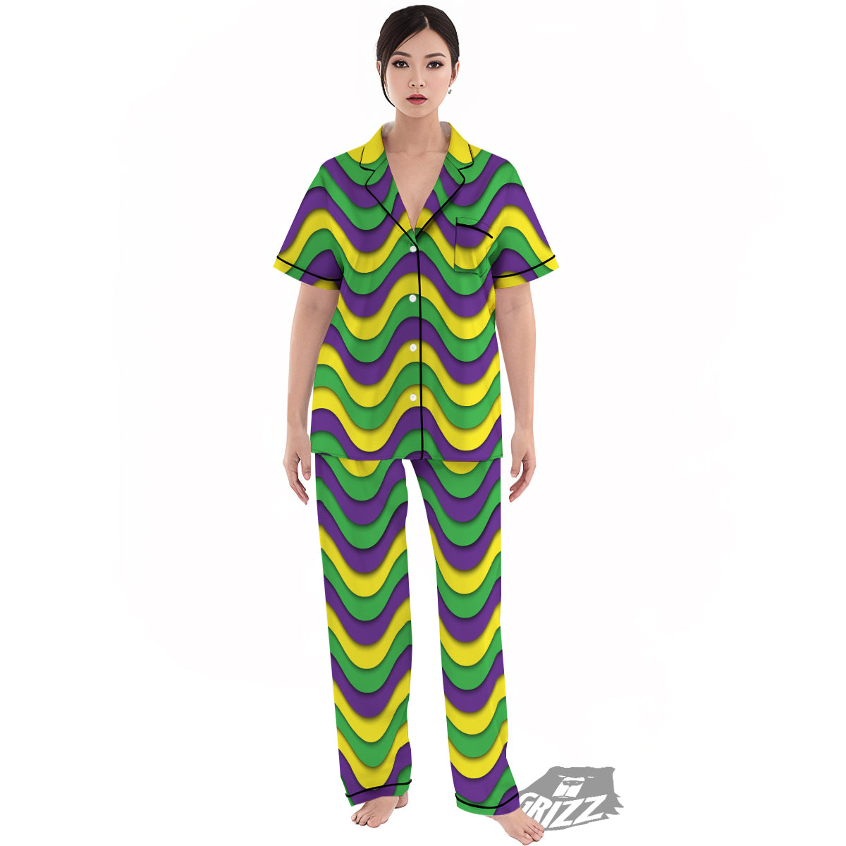Wave Mardi Gras Print Pattern Women's Pajamas Set-grizzshop