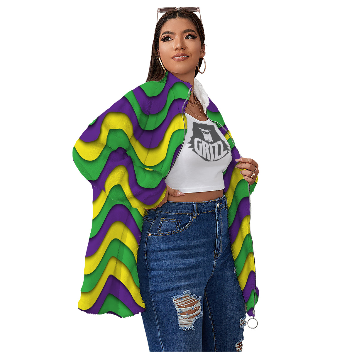 Wave Mardi Gras Print Pattern Women's Sherpa Jacket-grizzshop