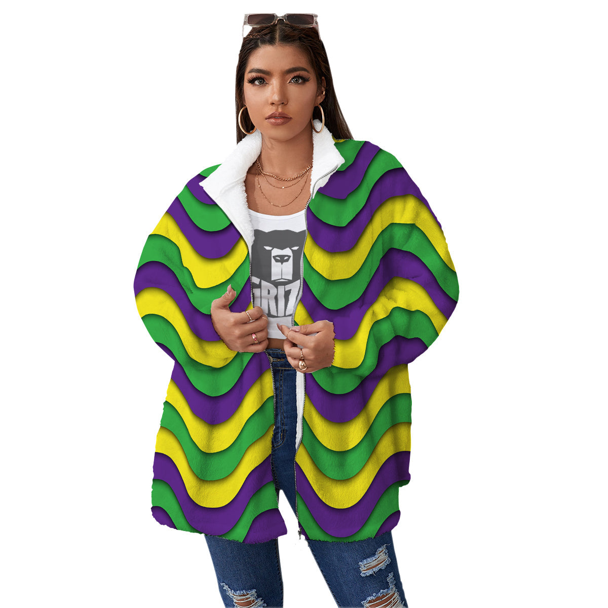 Wave Mardi Gras Print Pattern Women's Sherpa Jacket-grizzshop