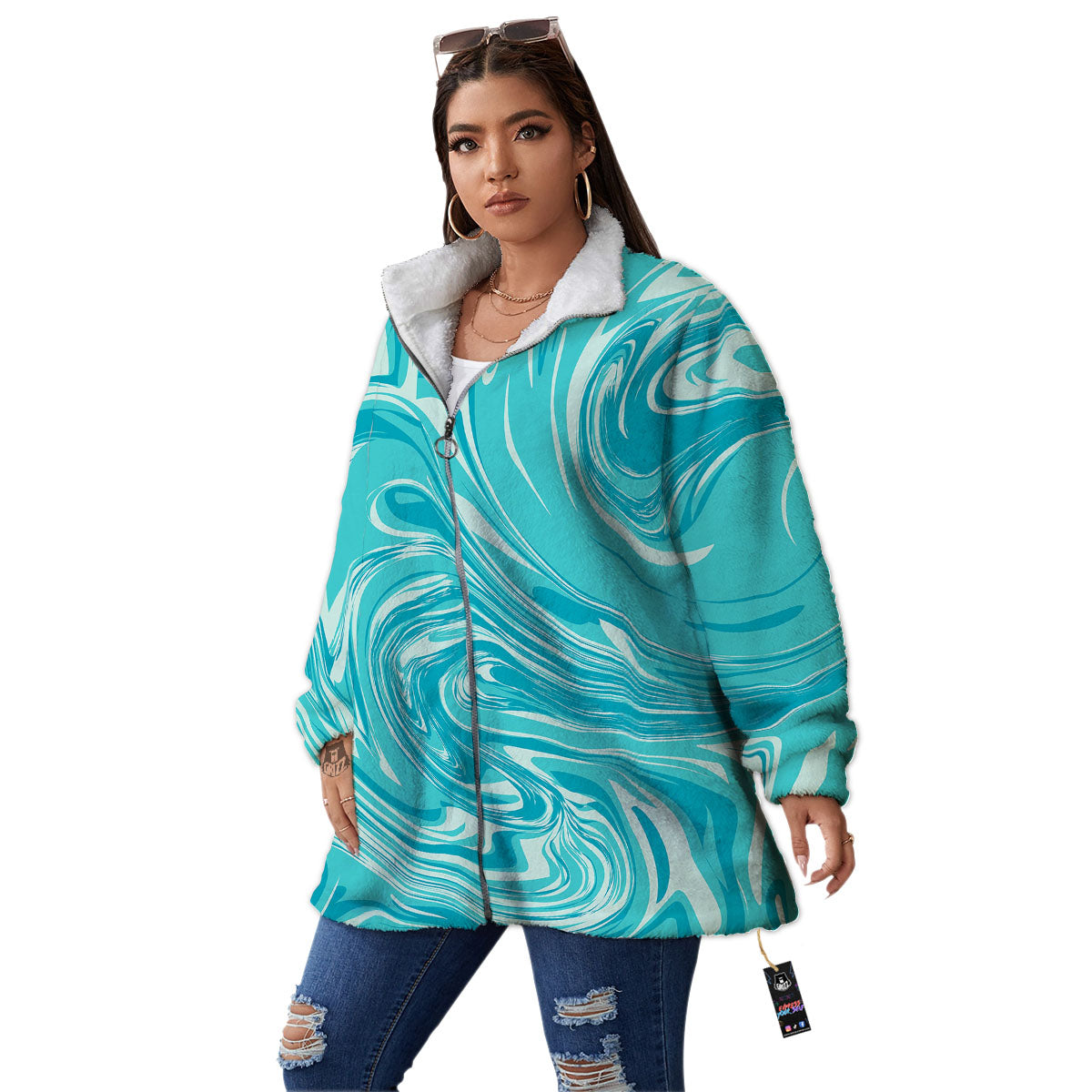 Wave Psychedelic Print Pattern Women's Sherpa Jacket-grizzshop