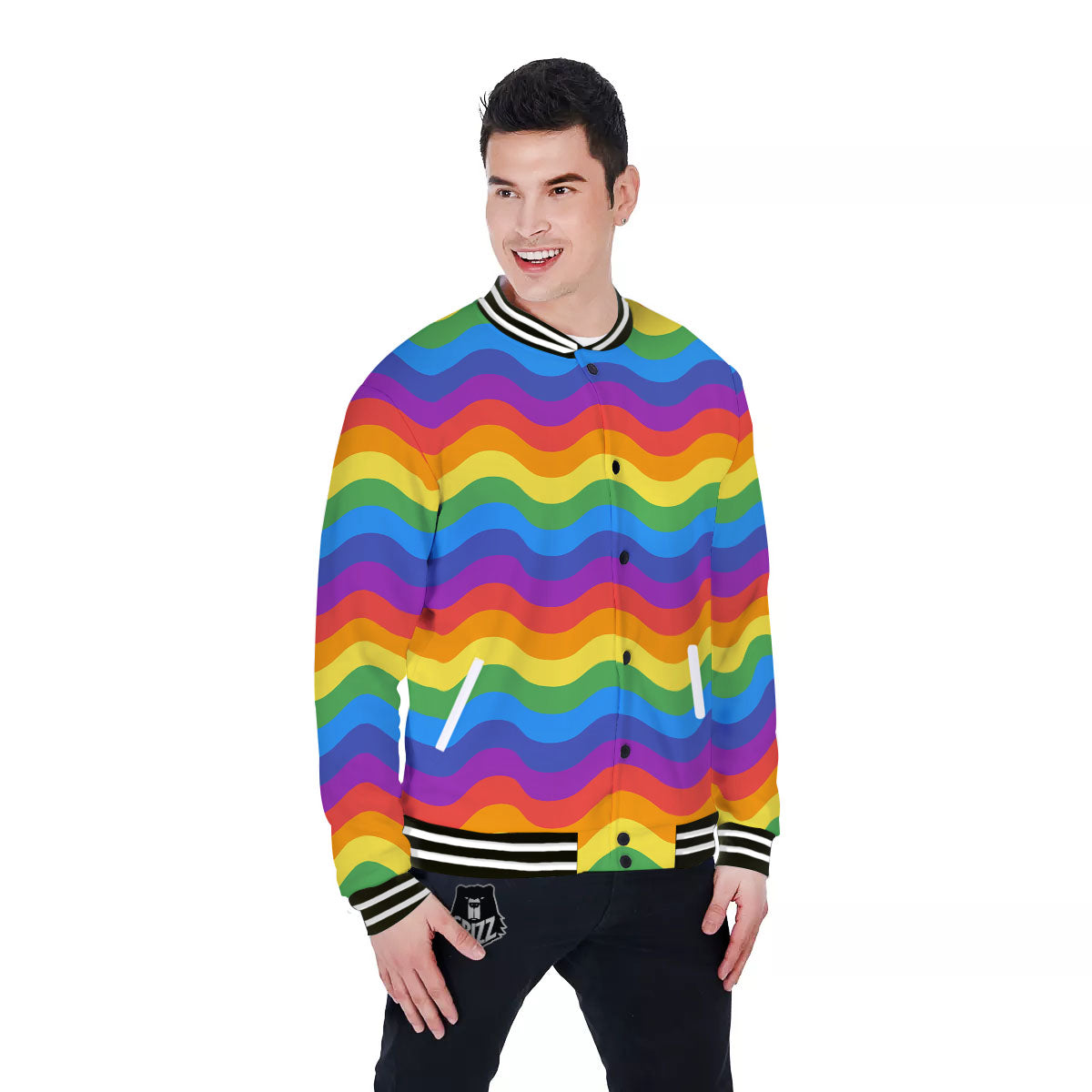 Wave Rainbow Print Pattern Baseball Jacket-grizzshop