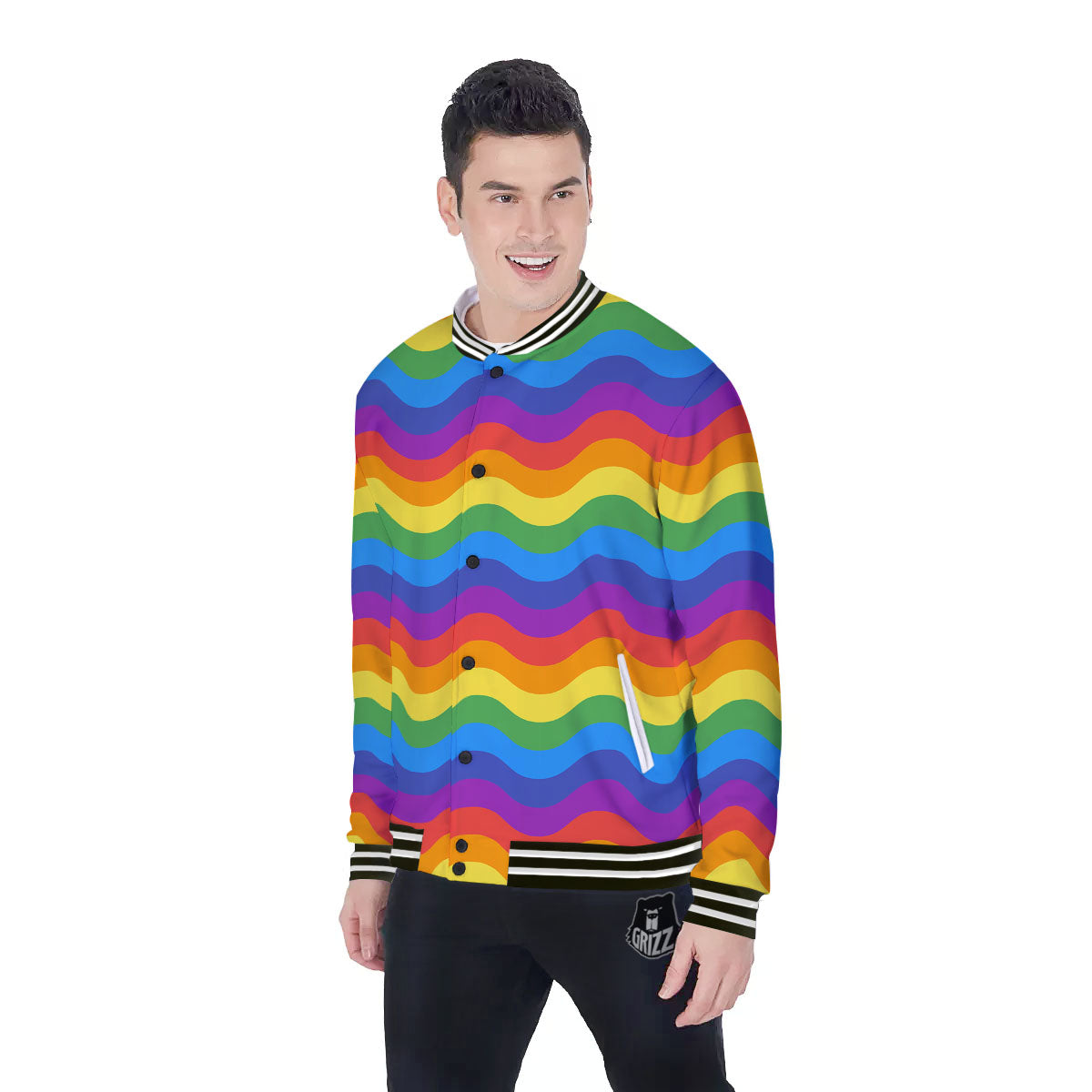 Wave Rainbow Print Pattern Baseball Jacket-grizzshop