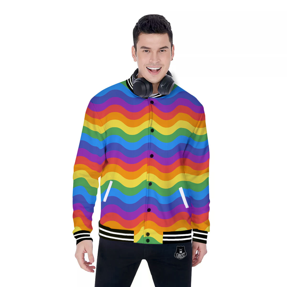 Wave Rainbow Print Pattern Baseball Jacket-grizzshop