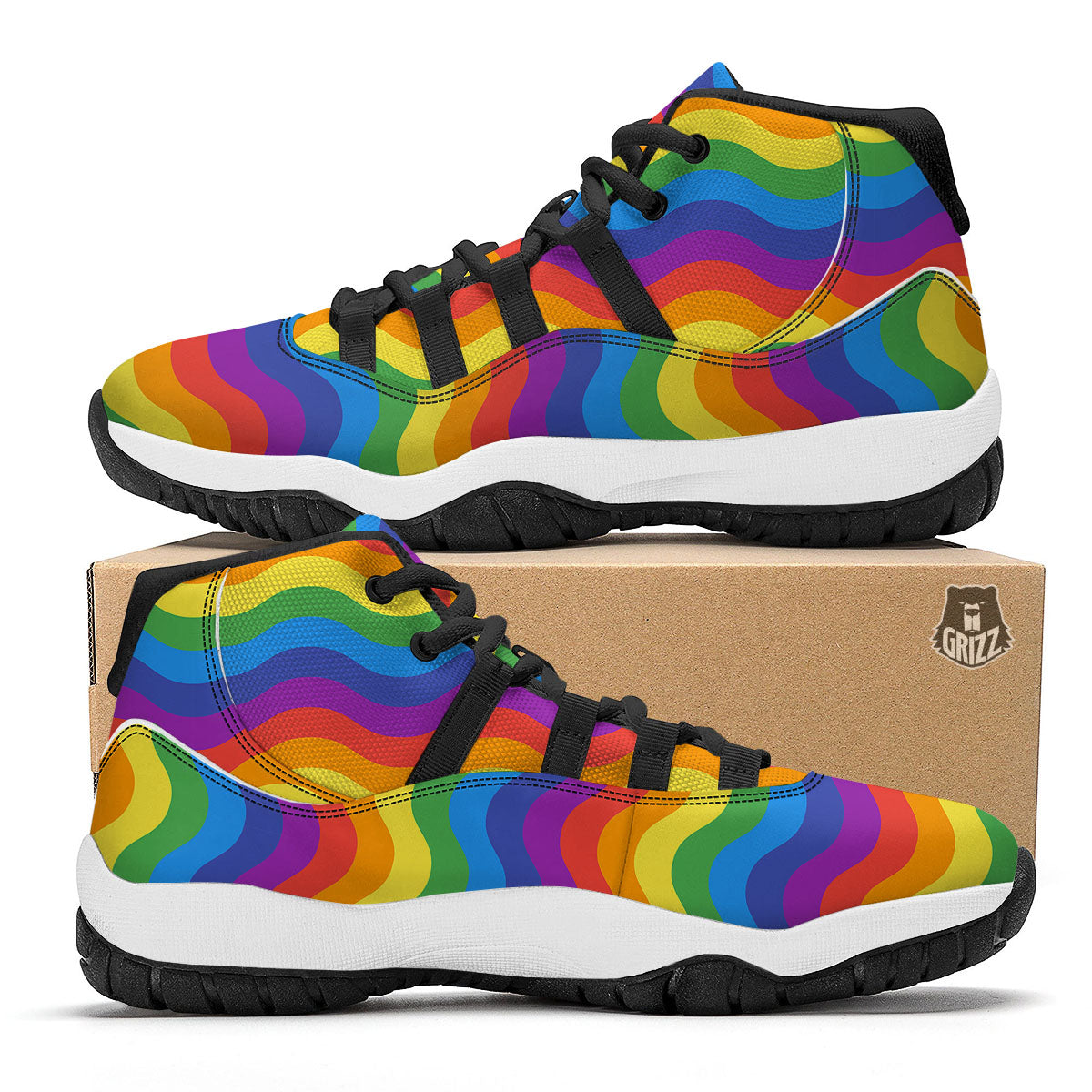 Wave Rainbow Print Pattern Black Bball Shoes-grizzshop