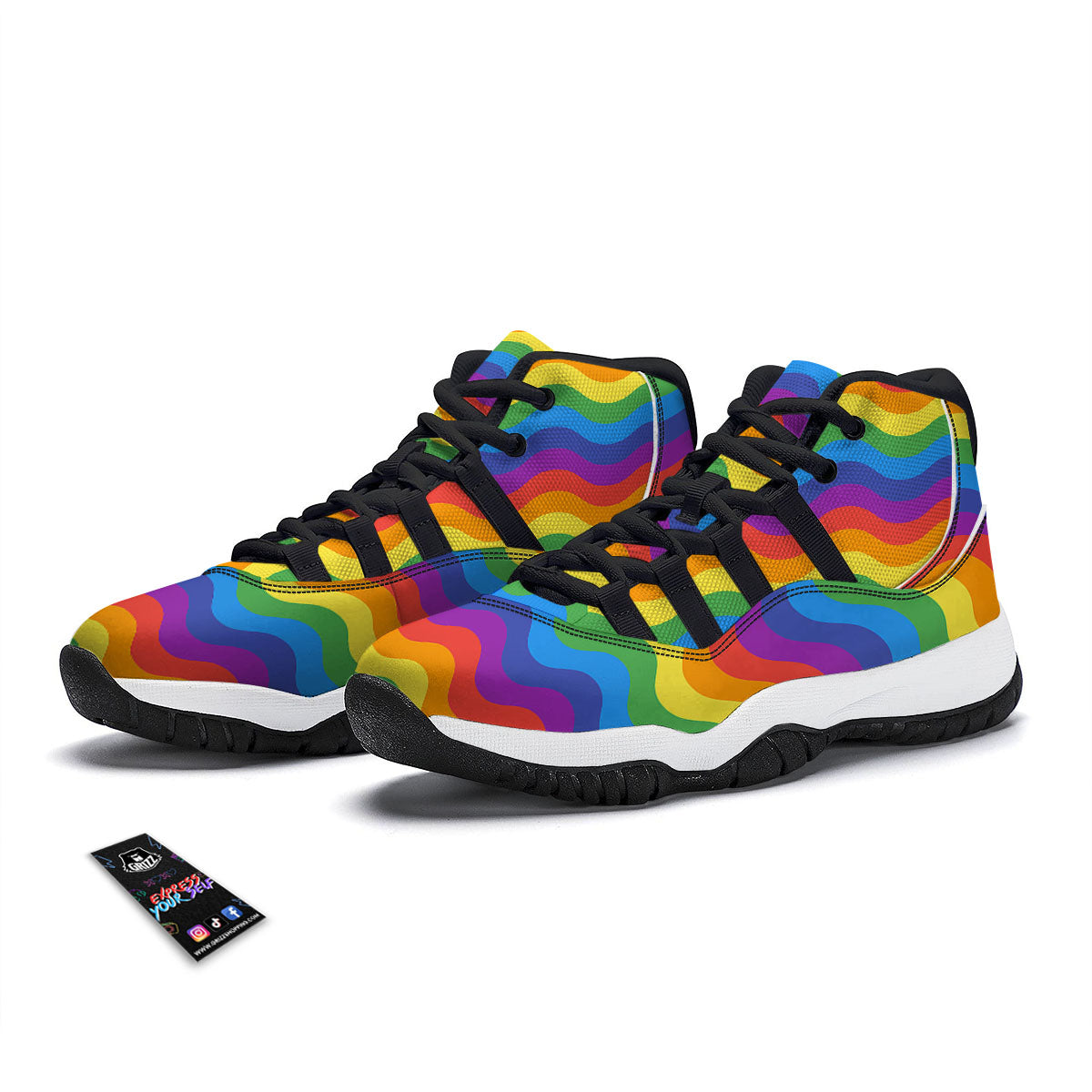Wave Rainbow Print Pattern Black Bball Shoes-grizzshop
