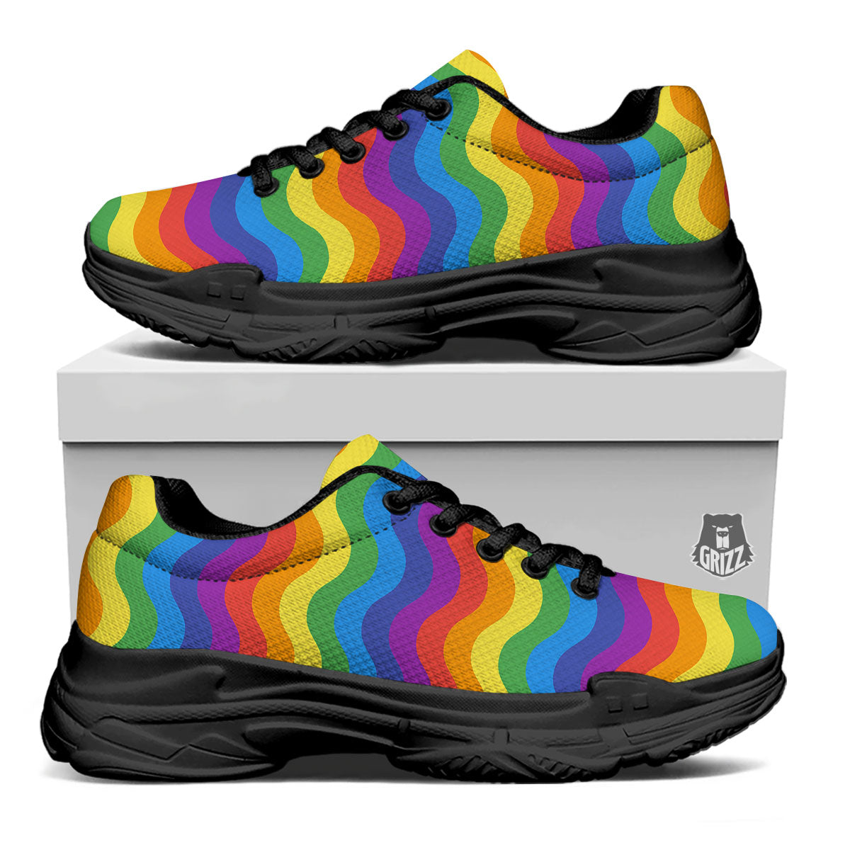 Wave Rainbow Print Pattern Black Chunky Shoes-grizzshop