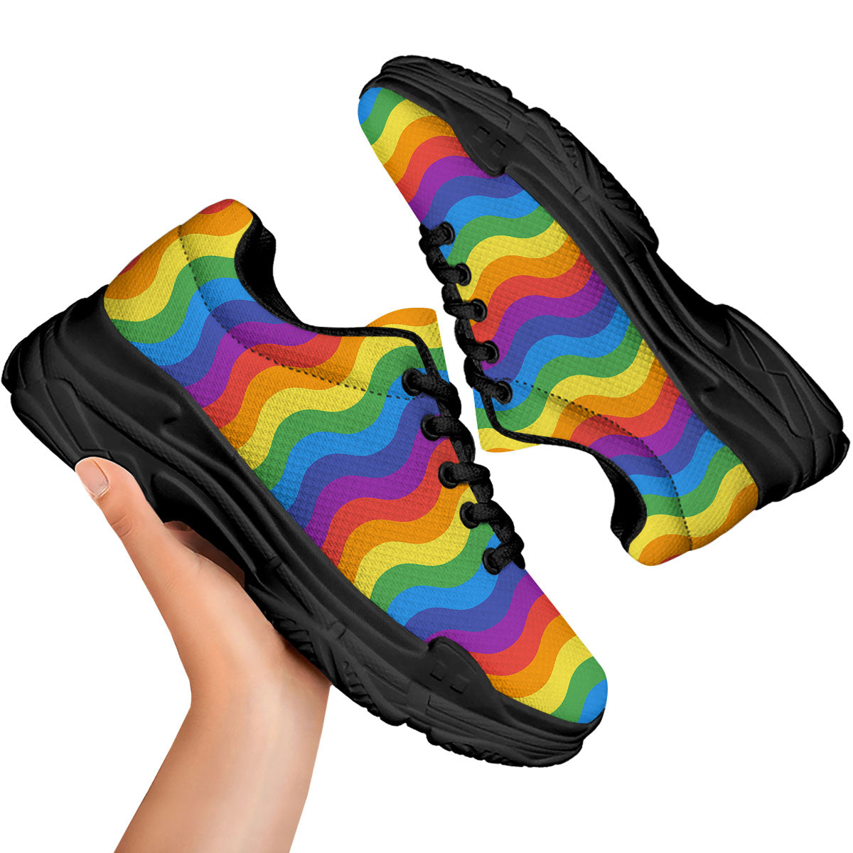 Wave Rainbow Print Pattern Black Chunky Shoes-grizzshop