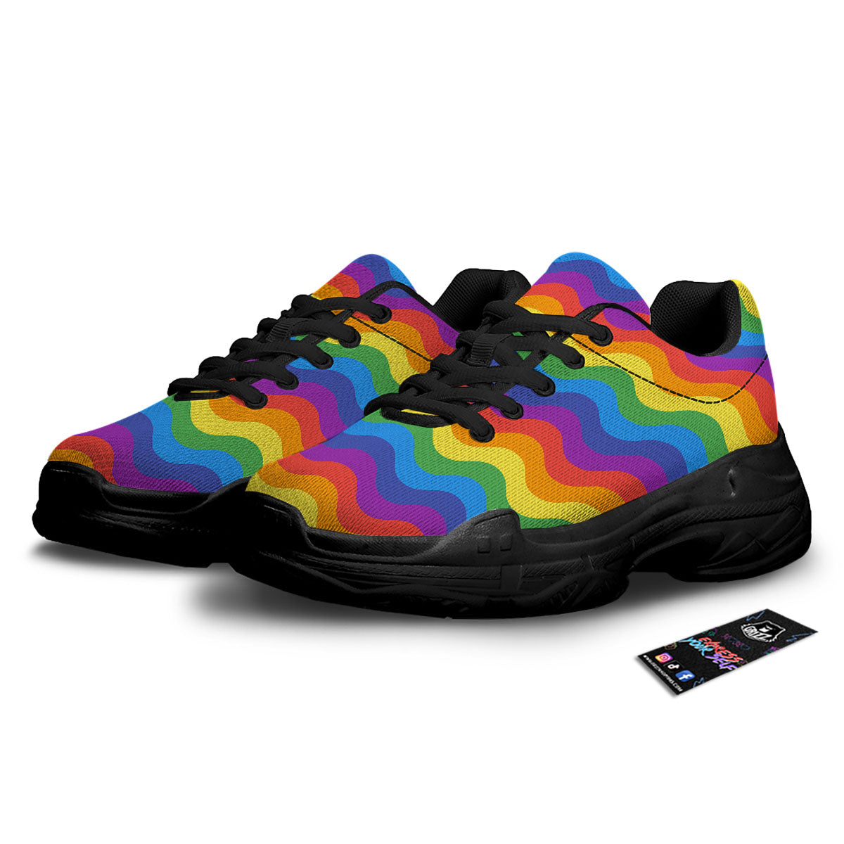 Wave Rainbow Print Pattern Black Chunky Shoes-grizzshop