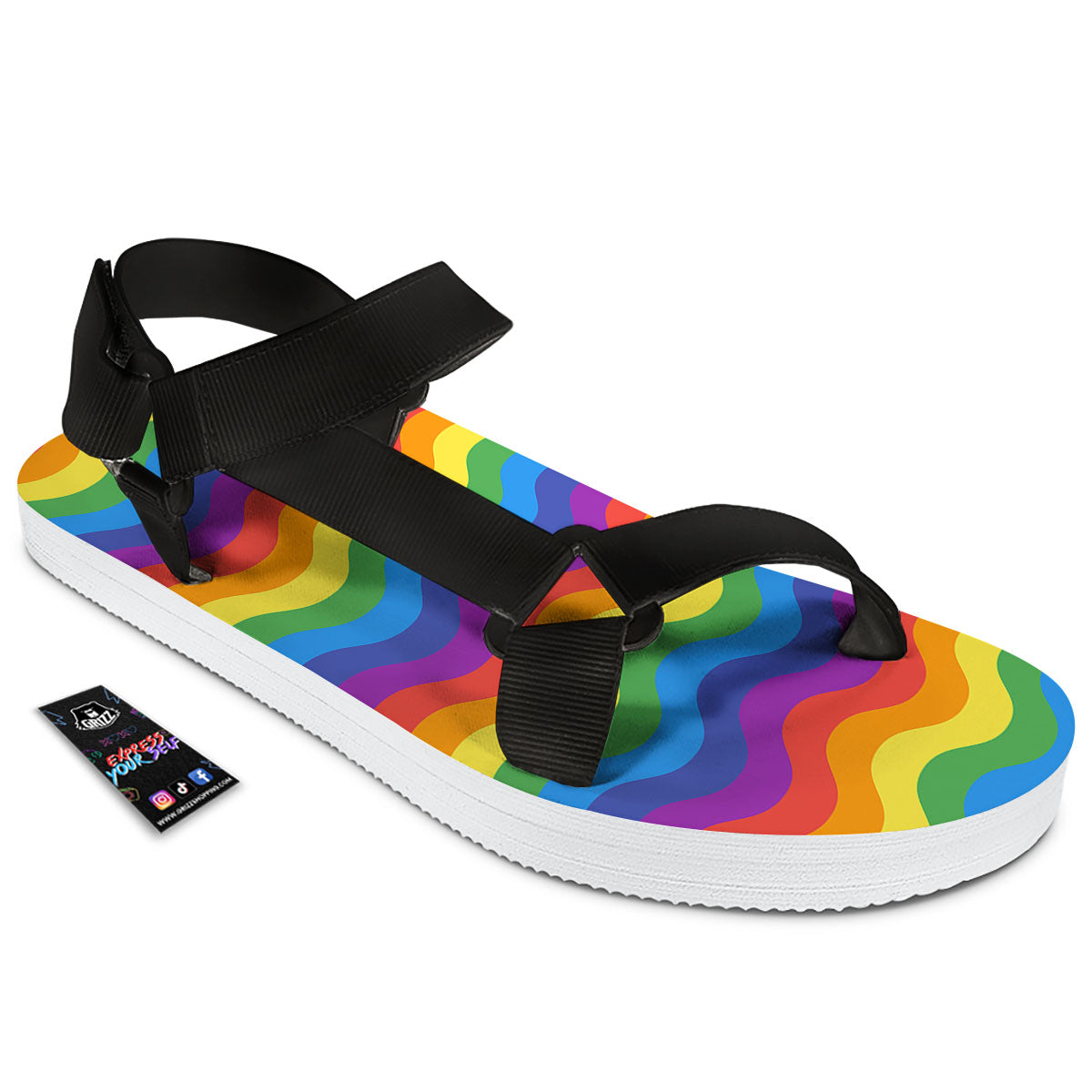 Wave Rainbow Print Pattern Black Open Toe Sandals-grizzshop