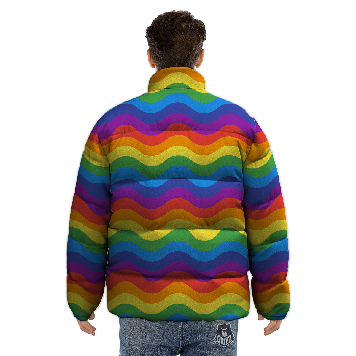 Wave Rainbow Print Pattern Puffer Jacket-grizzshop