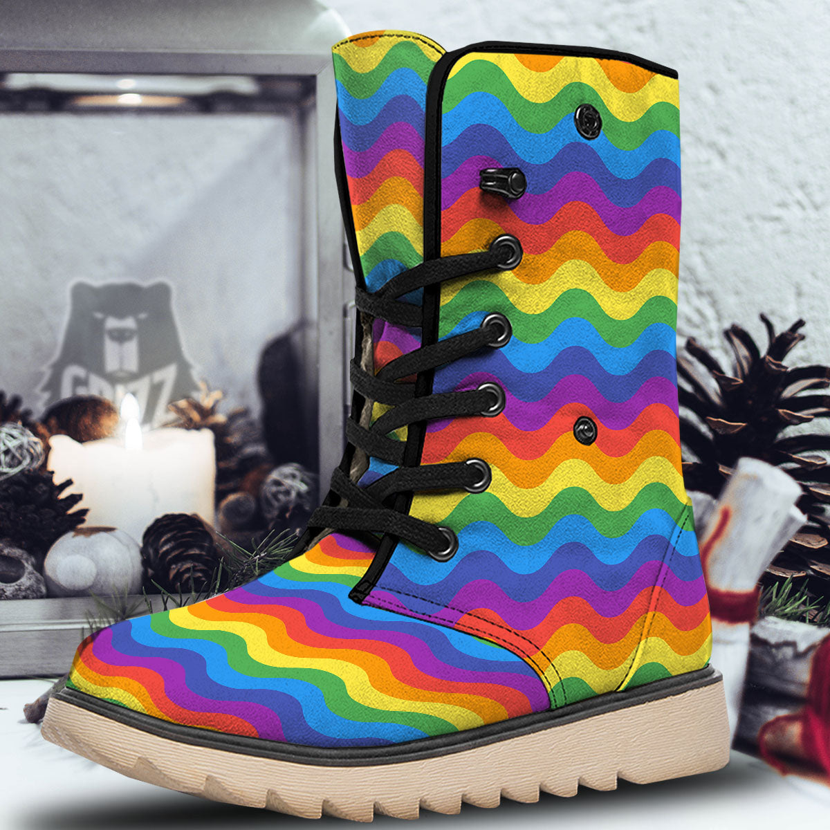 Wave Rainbow Print Pattern Snow Boots-grizzshop