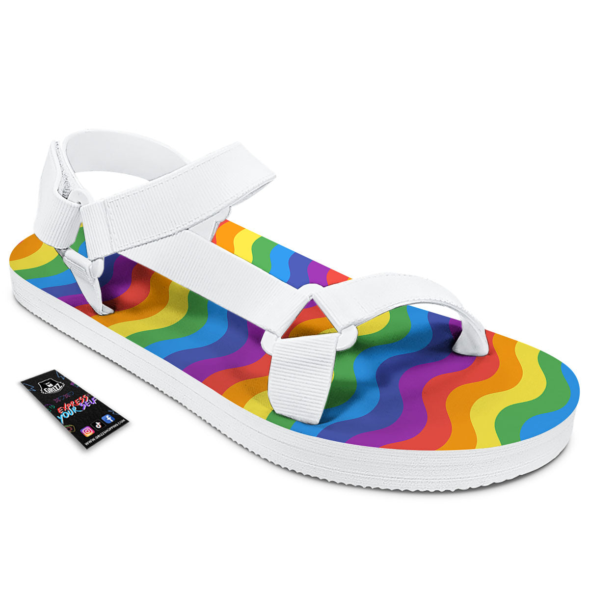 Wave Rainbow Print Pattern White Open Toe Sandals-grizzshop