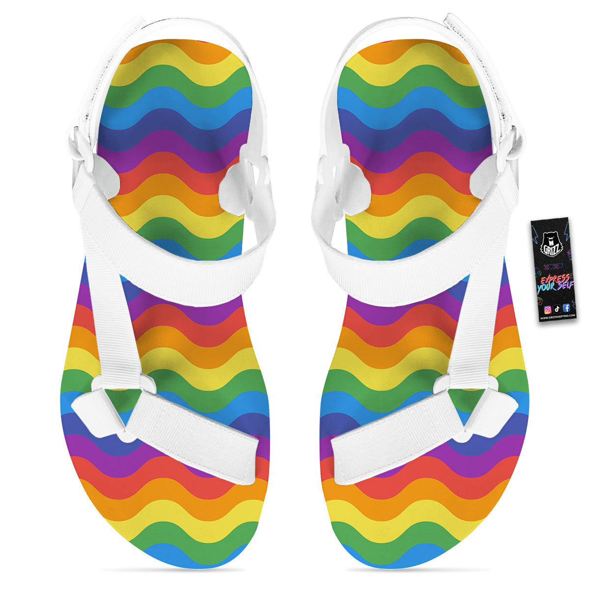 Wave Rainbow Print Pattern White Open Toe Sandals-grizzshop