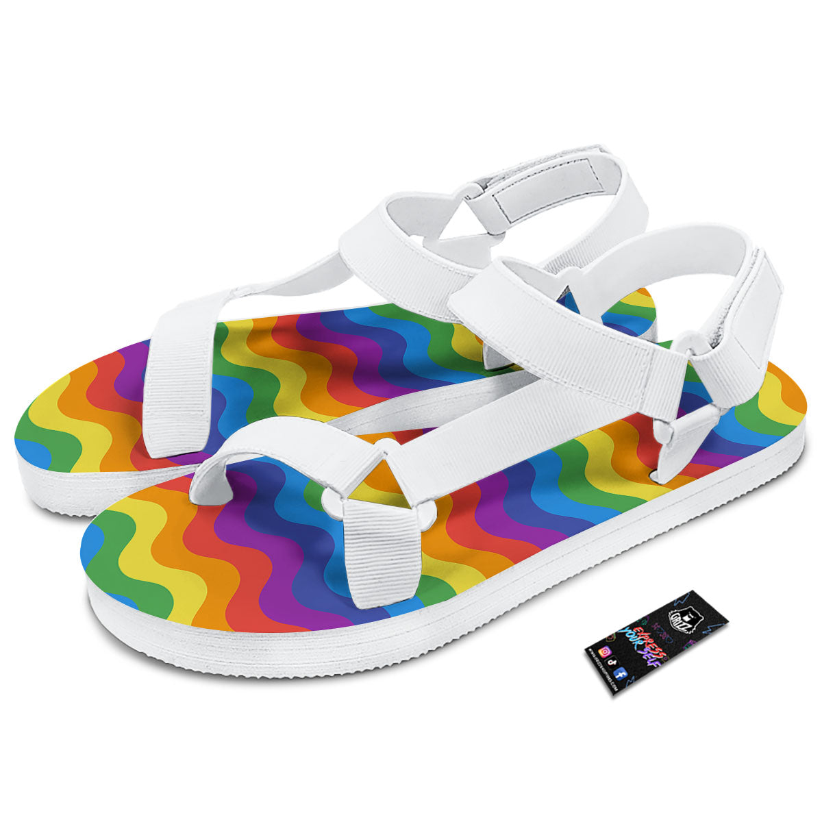 Wave Rainbow Print Pattern White Open Toe Sandals-grizzshop