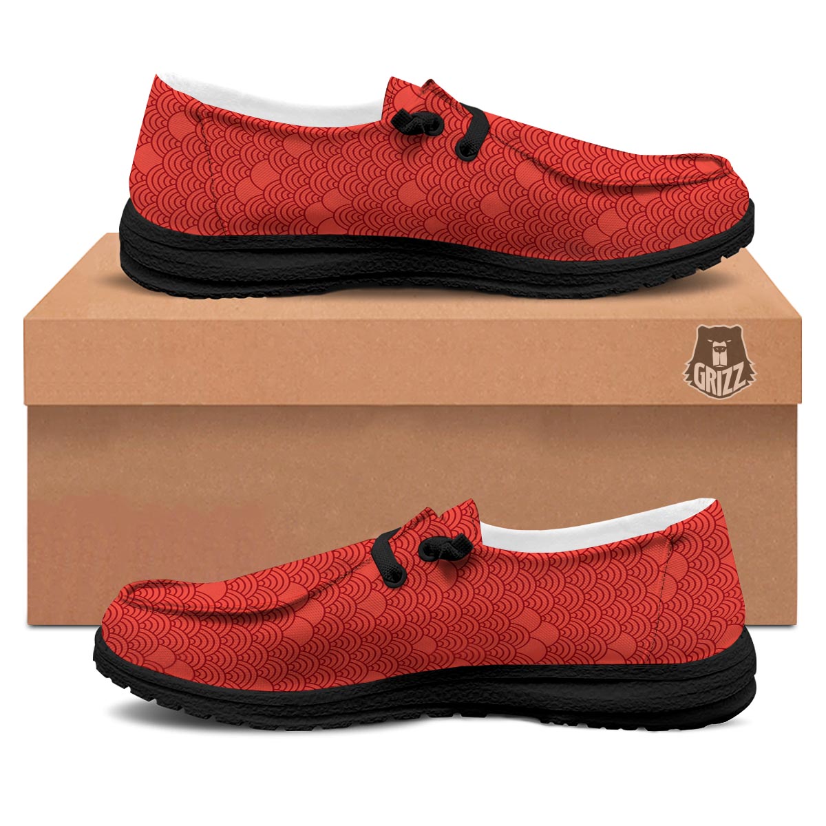 Wave Red Japanese Print Pattern Black Loafers-grizzshop