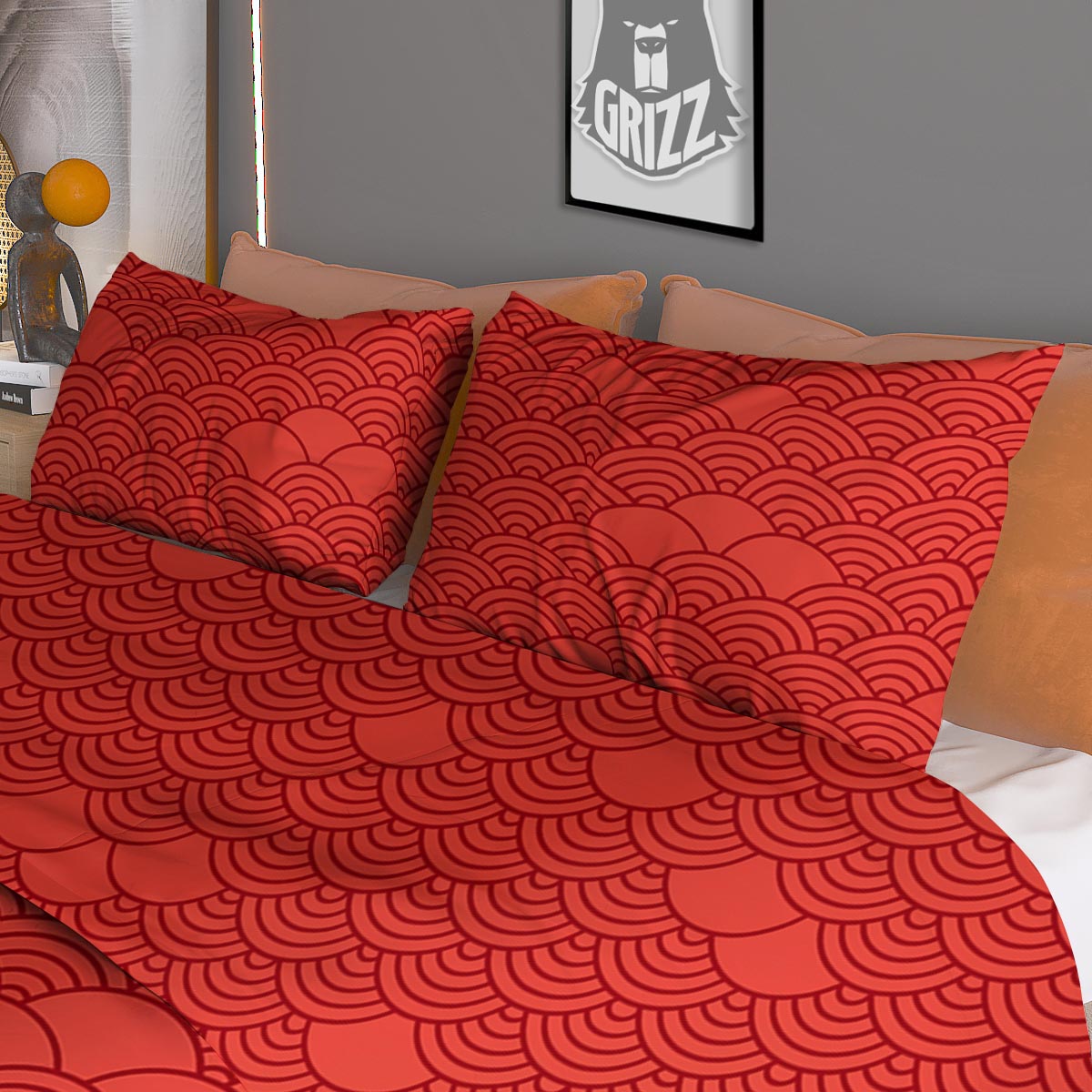 Wave Red Japanese Print Pattern Duvet Cover Bedding Set