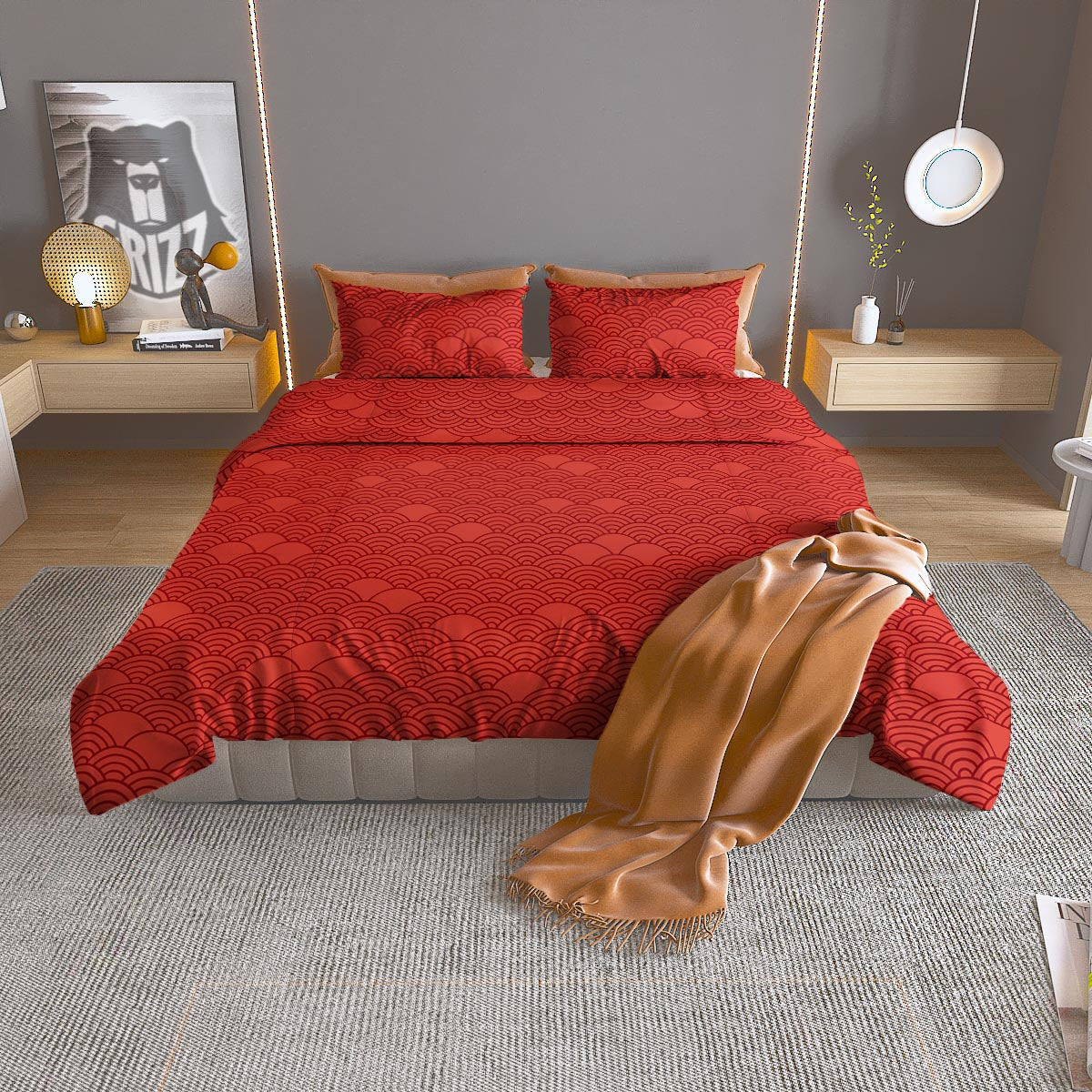 Wave Red Japanese Print Pattern Duvet Cover Bedding Set