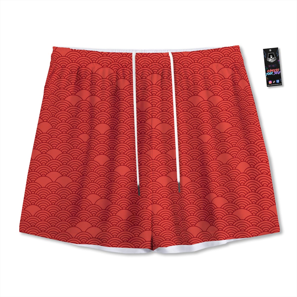 Wave Red Japanese Print Pattern Mesh Shorts