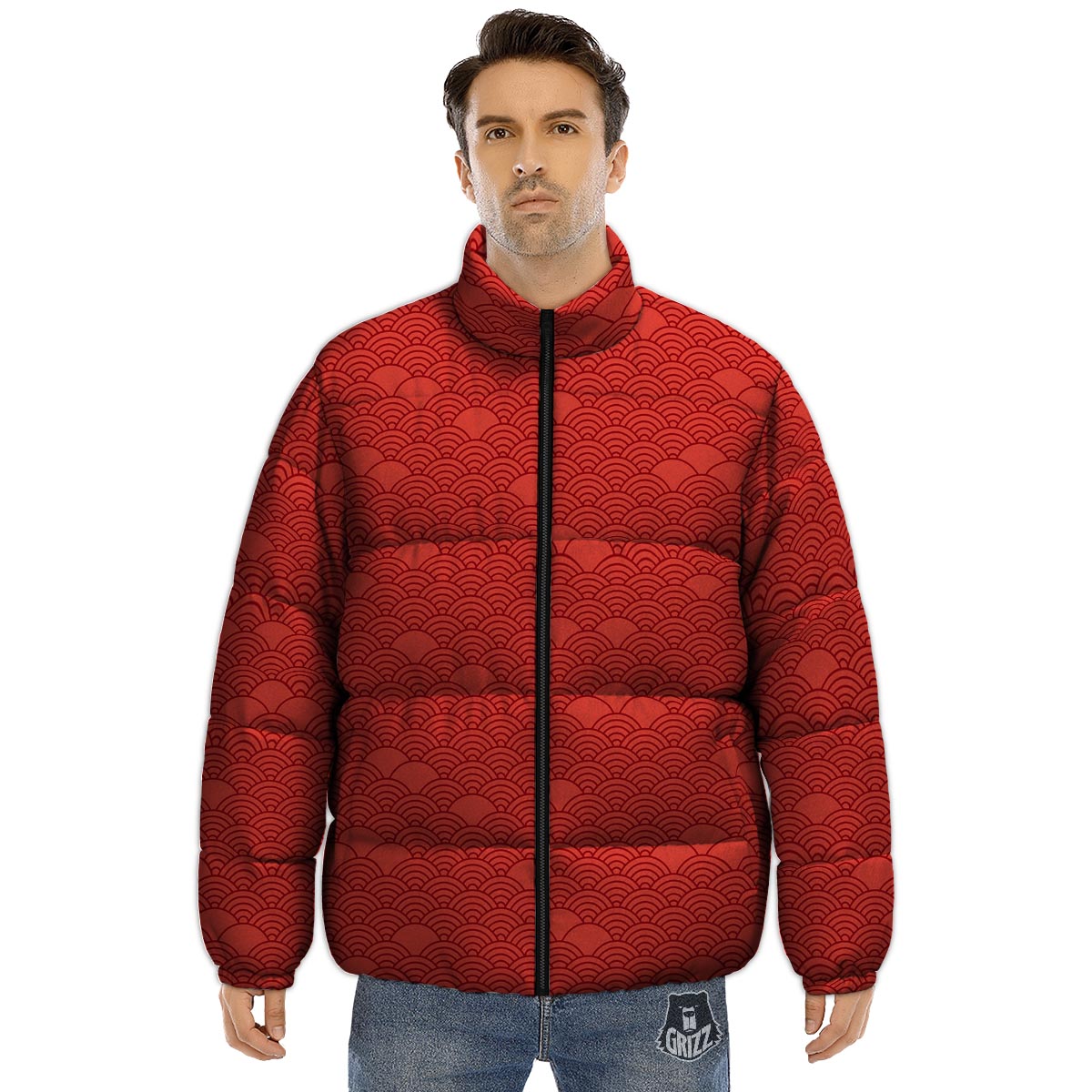 Wave Red Japanese Print Pattern Puffer Jacket-grizzshop
